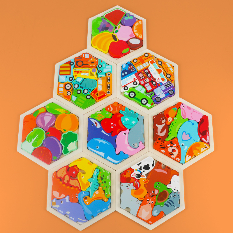 Children's Cartoon Animal Creative Wooden Three-Dimensional Jigsaw Puzzle Animal Hand-Scratch Puzzle Building Blocks Traffic Puzzle