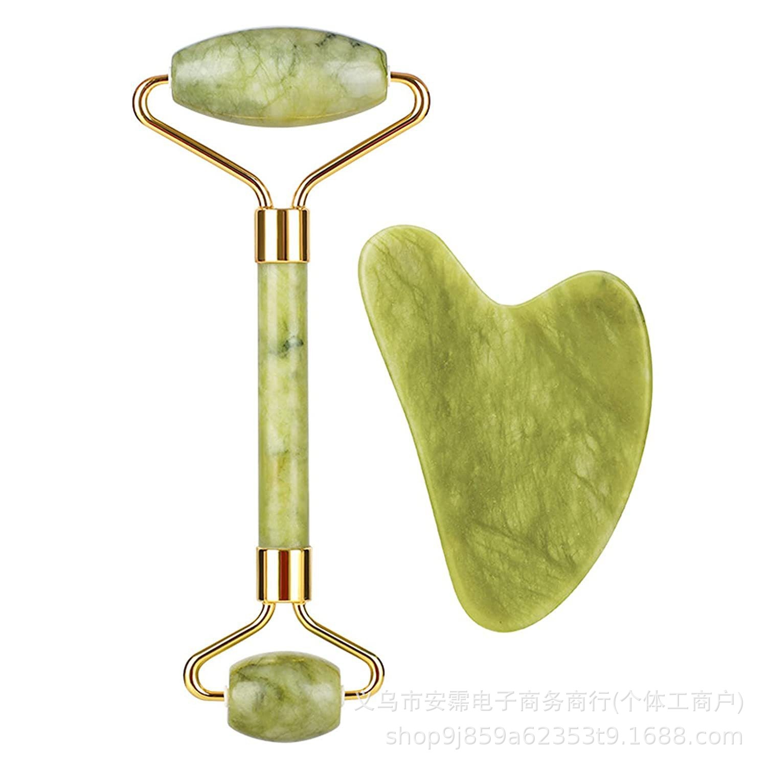 Cross-Border Heart-Shaped Rose Quartz Jade Roller Massage Set Eye and Face Double-Headed Roller Beauty Massage Stick Massager