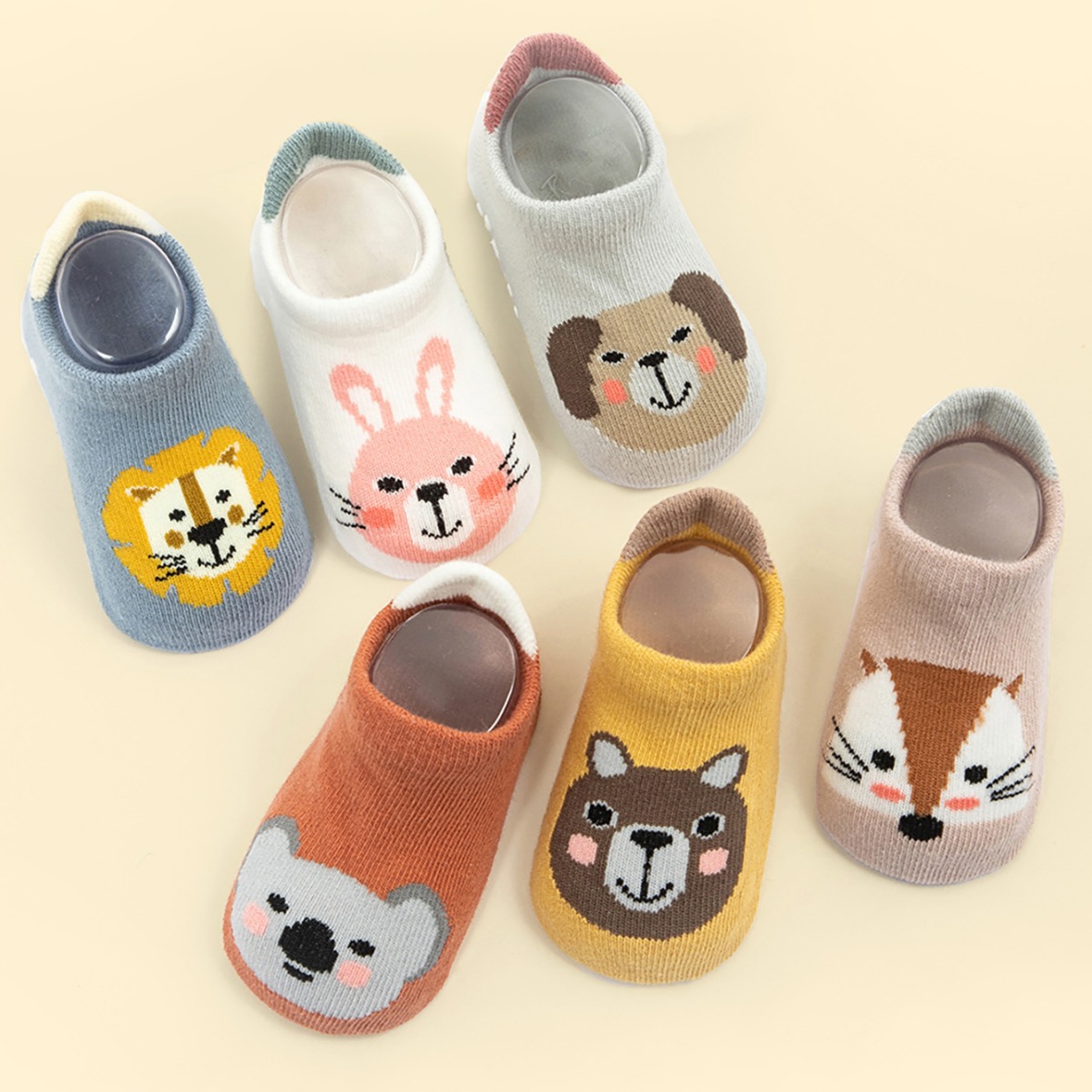 6 Pairs of Kidsren's Non-Slip Socks Animal Element Boat Socks K-Style Spring, Autumn and Winter Baby Cartoon Trendyy Boat Socks Wholesale