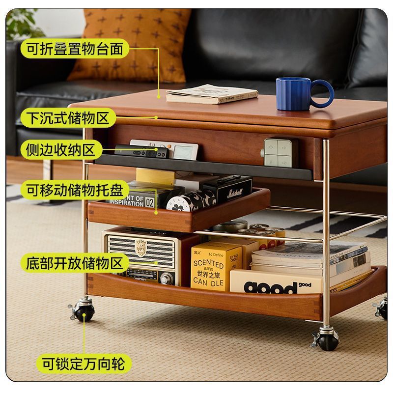 Solid Wood Coffee Table for Living Room, Vintage Style, Small Apartment, Movable Folding Coffee Table, Sofa Side Table, Kunwei