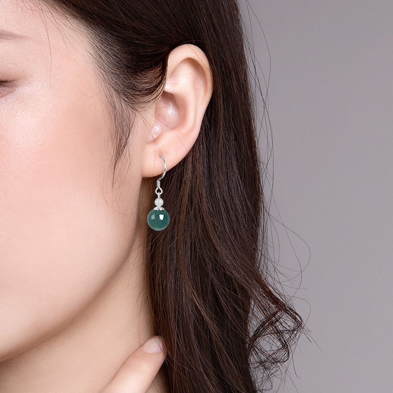 High-grade S925 silver inlaid natural A goods jade blue water round bead earrings ice jade stone fashion women's earrings earrings