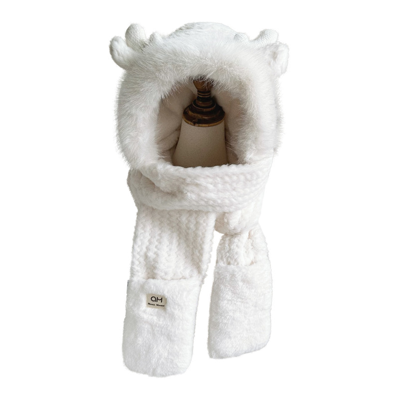 Letter Antler Gloves Plush Scarf Hat One-Piece K-Style Cute Autumn and Winter Windproof Warm Thickeneded Ear Protection Hat