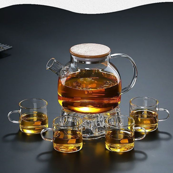 Glass Teapot with Flower Design, Filter, Household Bamboo Lid, Candle Tea Brewing, Heat-Resistant with Lid, Candle Holder, Wholesale