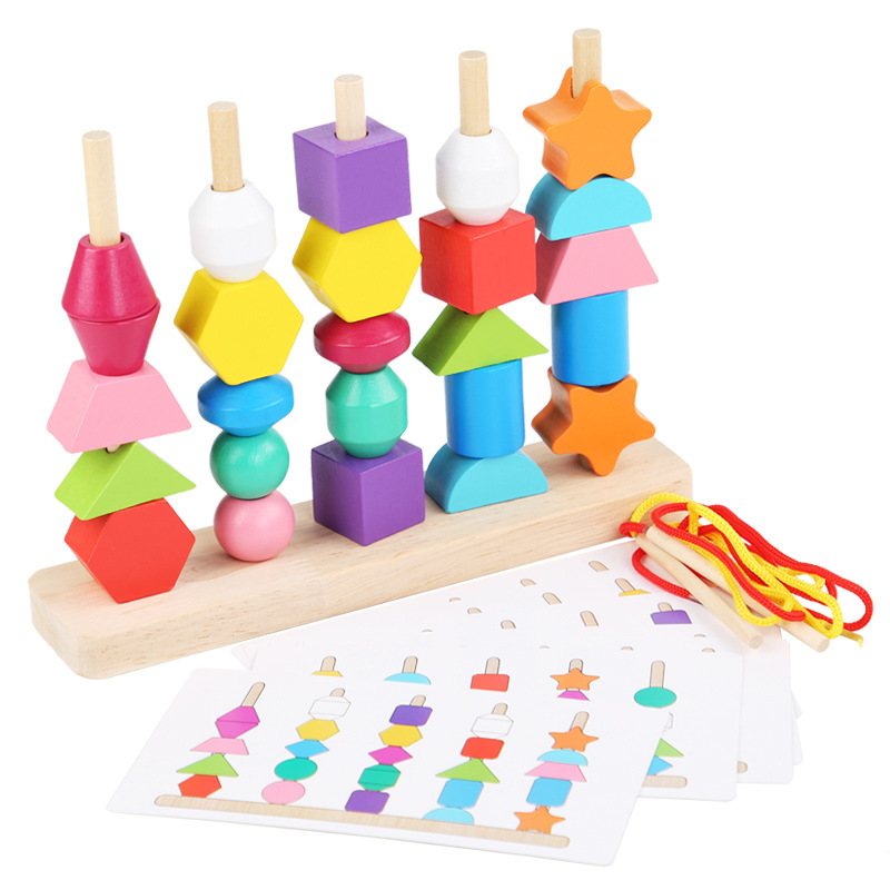 Cross-border new five-column beaded game box children's educational early education color shape cognitive wooden toys wholesale