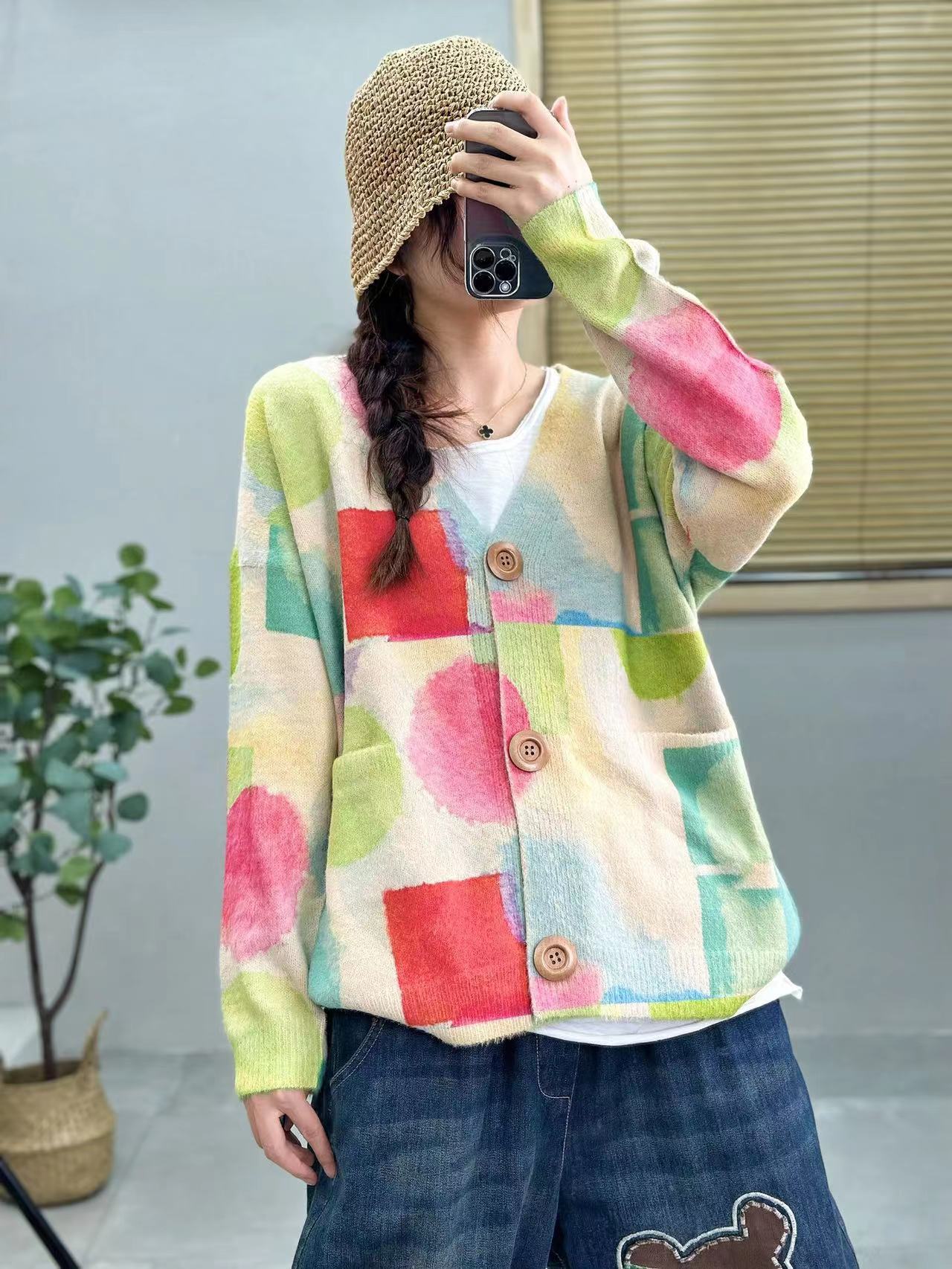 Printed Colorful Mink Velvet 2025 Autumn and Winter New Classy Loose Knitted Cardigan V-Neck Sweater for Women Factory Direct Sales