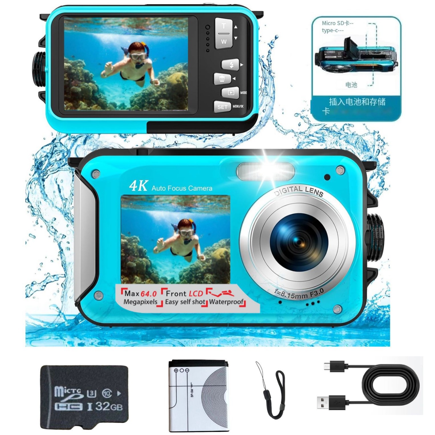 4K английская версия подводная камера 64MP автофокус водонепроницаемая цифровая камера с селфи HD двойной экран