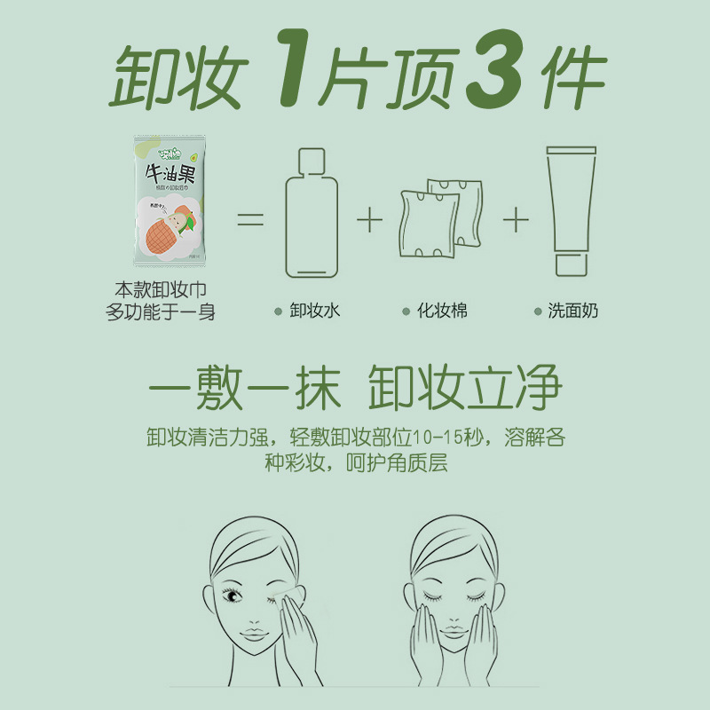 Avocado makeup remover wipes single piece independent packaging makeup remover wipes cotton deep cleaning disposable mild makeup remover Cotton