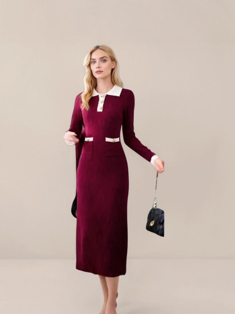 Customized Cross-Border Winter New Commuter Style Lapel Knit Dress for Women, Long-Sleeved, Simple, Slimming, Elegant, Versatile