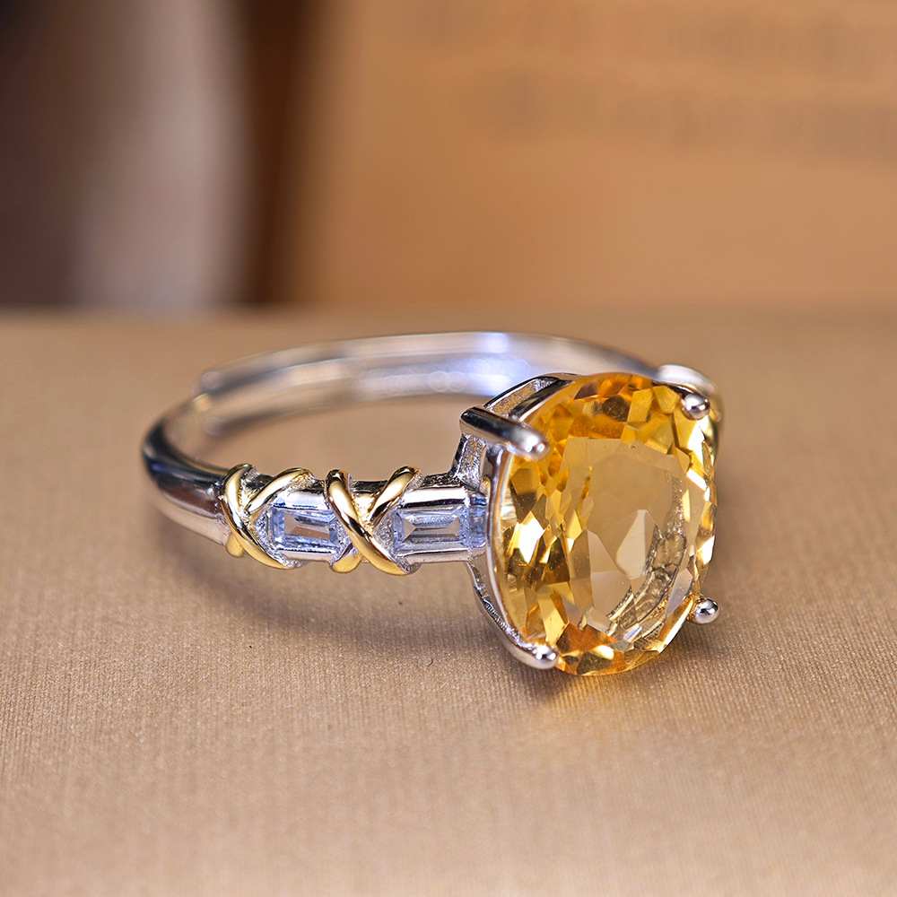 S925 Sterling Silver Oval Natural Citrine Ring Live Hot Sale New Product Casual Easiest for Match Open Ring Women