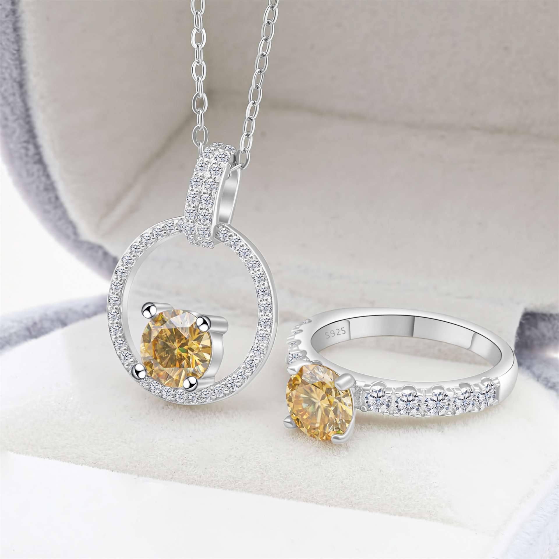 Cross-Border Exclusive S925 Silver Moissanite Necklace + Ring with Certificate, Sparkling Fire-Colored Diamond, Cross-Border Hot Sale