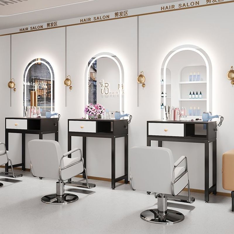 No-Drill Barber Shop Mirror Table, Specialized Beauty Salon Mirror Cabinet, Integrated Tool Cabinet, Trendy Led Mirror Table with Lights