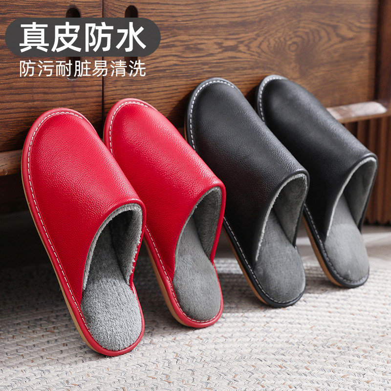 Logo Custom Cotton Slippers, Genuine Leather Home Slippers for Men, Autumn and Winter Indoor Waterproof Non-Slip Thick-Soled Cowhide Slippers