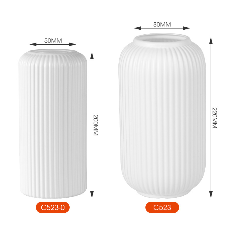 Japanese Style White Imitation Ceramic Plastic Vase Sense Light Luxury Striped Retro Nordic Style Living Room Ornaments Holly Silver Willow Flower-arranging