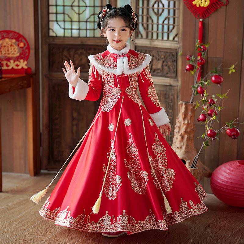 Детский ханфу в китайском стиле, зимняя одежда с флисовой подкладкой, костюм танг, красное древнее платье для девочек