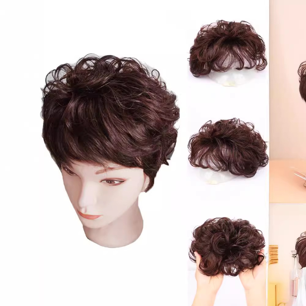 Hongxiu Selection - Full Real Hair Volume Increase Invisible Cover White Hair Short Curly Hair Fluffy Head Wig Replacement Piece