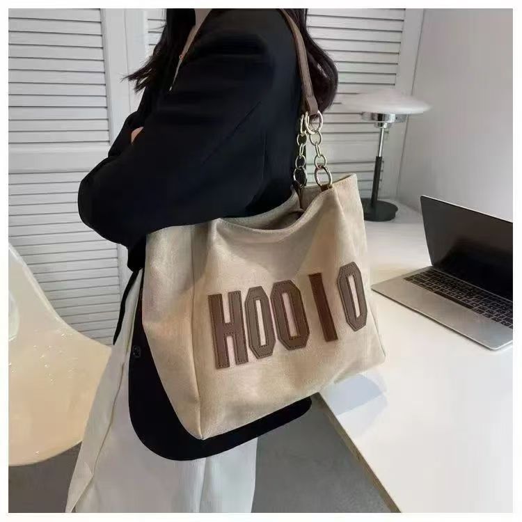 College student class one-shoulder canvas bag large bag women's large capacity 2023 New Advanced texture commuter tote bag