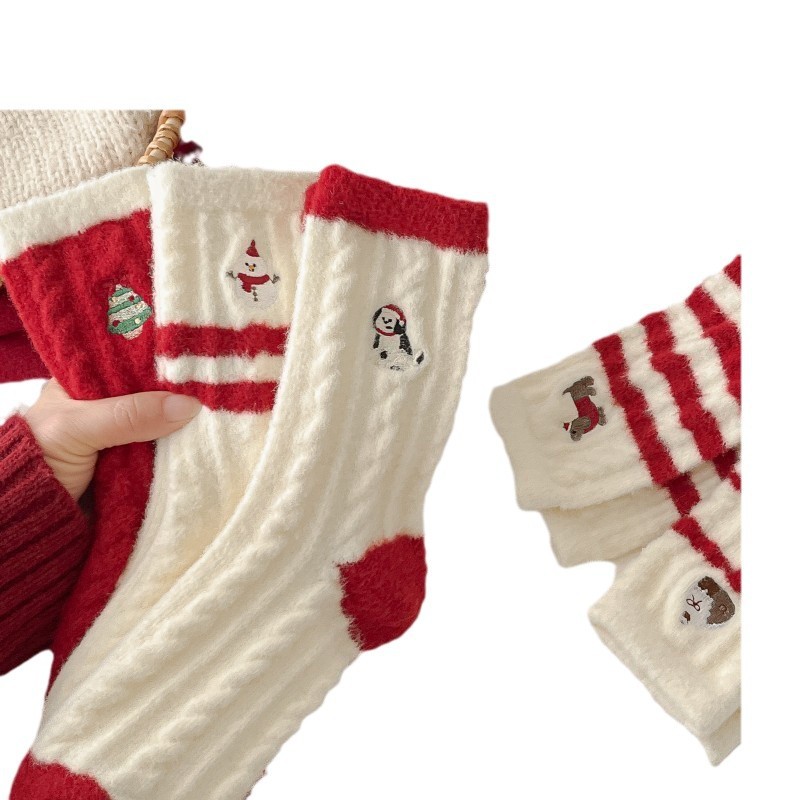 24 New Winter Christmas Socks Cartoon Embroidered Snowman Santa Claus Australian Velvet Women's Mid-Calf Socks Warm Floor Socks