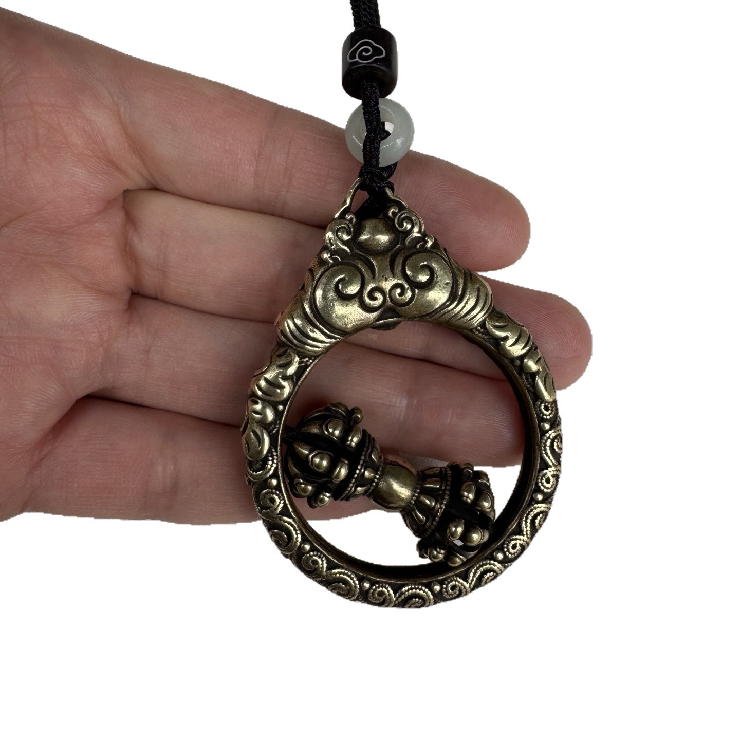 Nepalese Craft Brass Two-Tone Gluttonous Nine-Pronged Vajra Pestle Fortune-Turning Handle with a Rotatable Pendant in the Middle