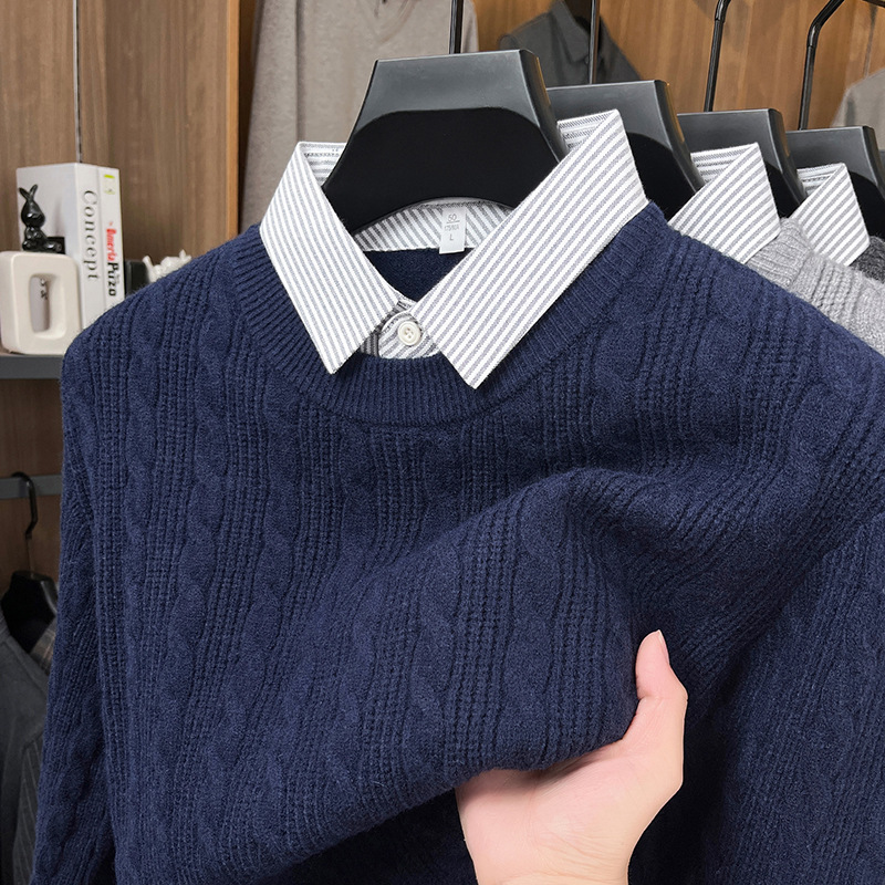 Gr2992 Men's Thickened Shirt Collar Trendy Brand Twist Casual Loose Warm Fake Two-Piece Knitted Sweater