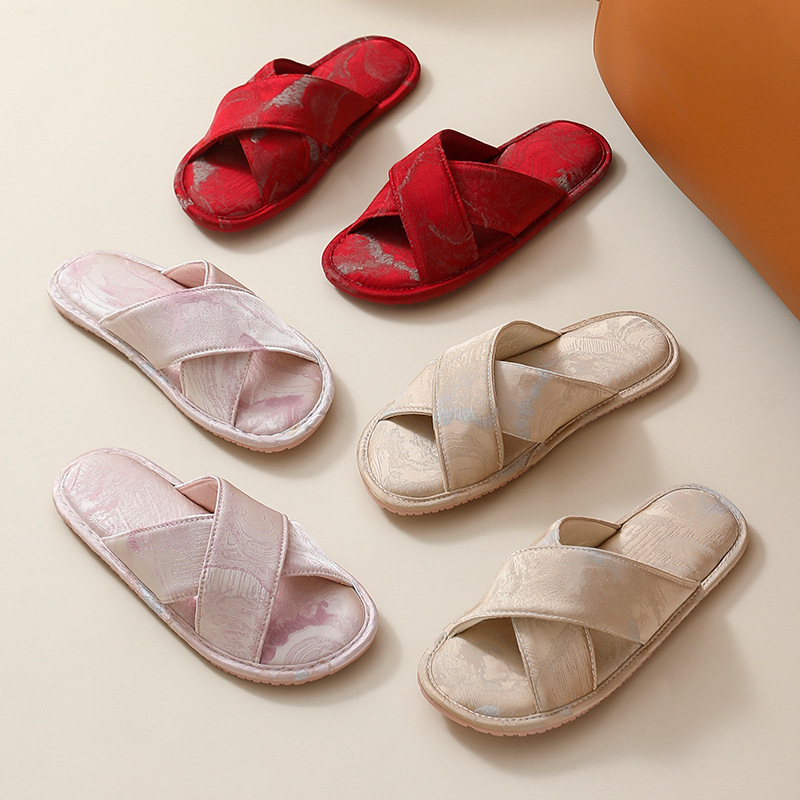 National Style Silk Satin Slippers Women's 2025 New Summer Home Casual All-match Mute Non-slip Fashion Slippers