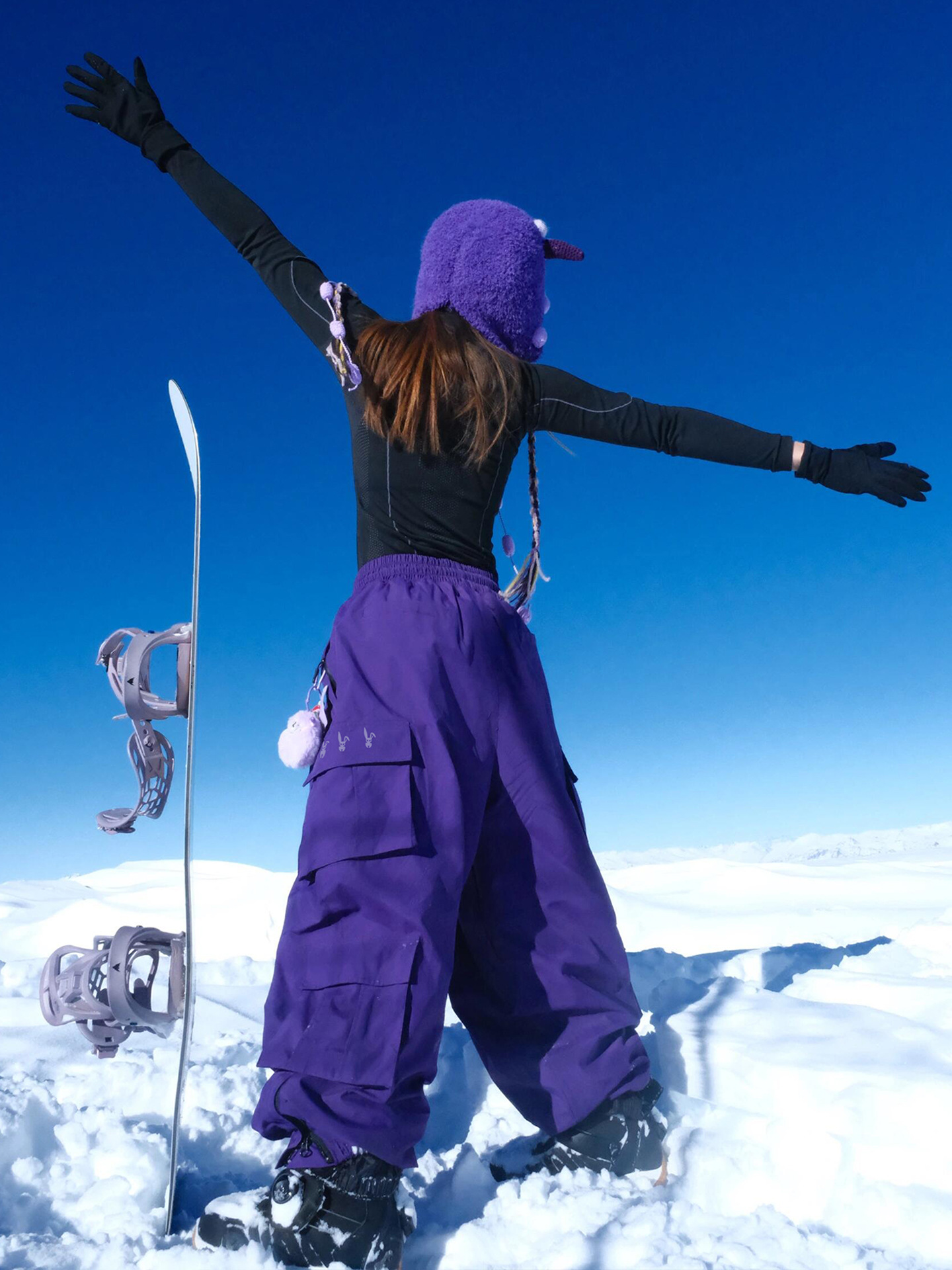 Night Skiing Reflective Rabbit Ski Pants Fleece-Lined Single Board Double Board Waterproof Warm Outdoor Waterproof Men's and Women's Purple Snow Pants