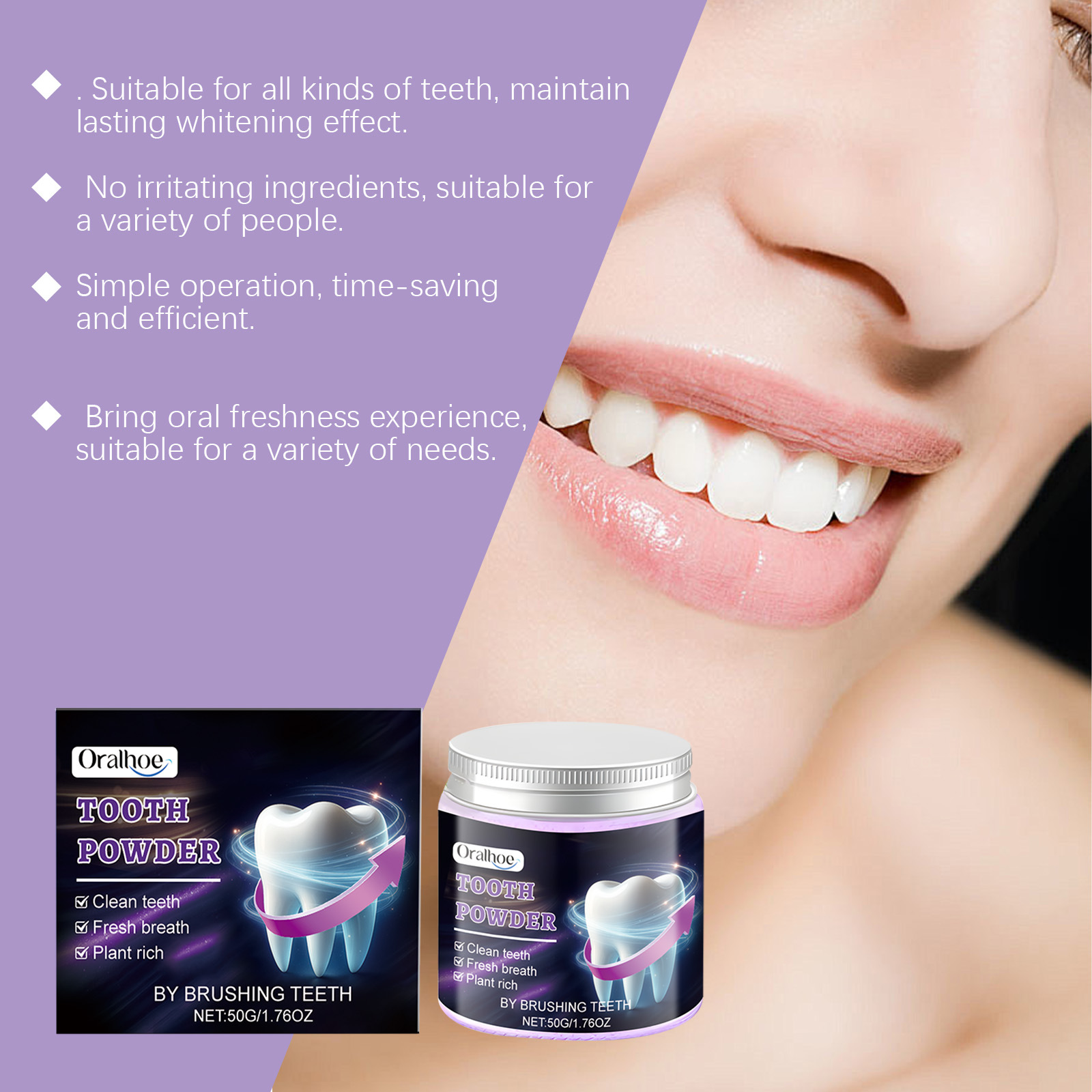 Oralhoe Purple Tooth Powder Gentle Ingredients Clean Teeth Fresh Oral Care Gum Care Tooth Powder