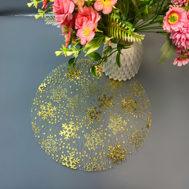 Cross-Border Popular Golden Snowflake Hot Stamping, Mesh Gold Foil Placemat, Disposable Round Design, Suitable for Birthdays