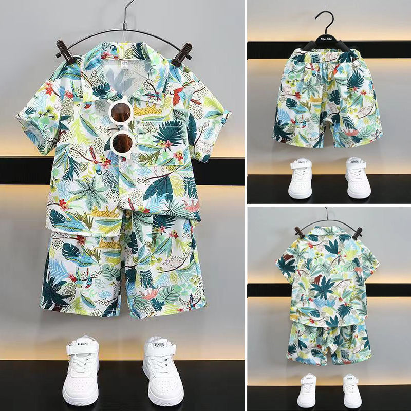 Boys and Girls Summer Beach Suit New Hawaiian Style Island Suit Children's Handsome Style Shirt Shorts Set Trendy