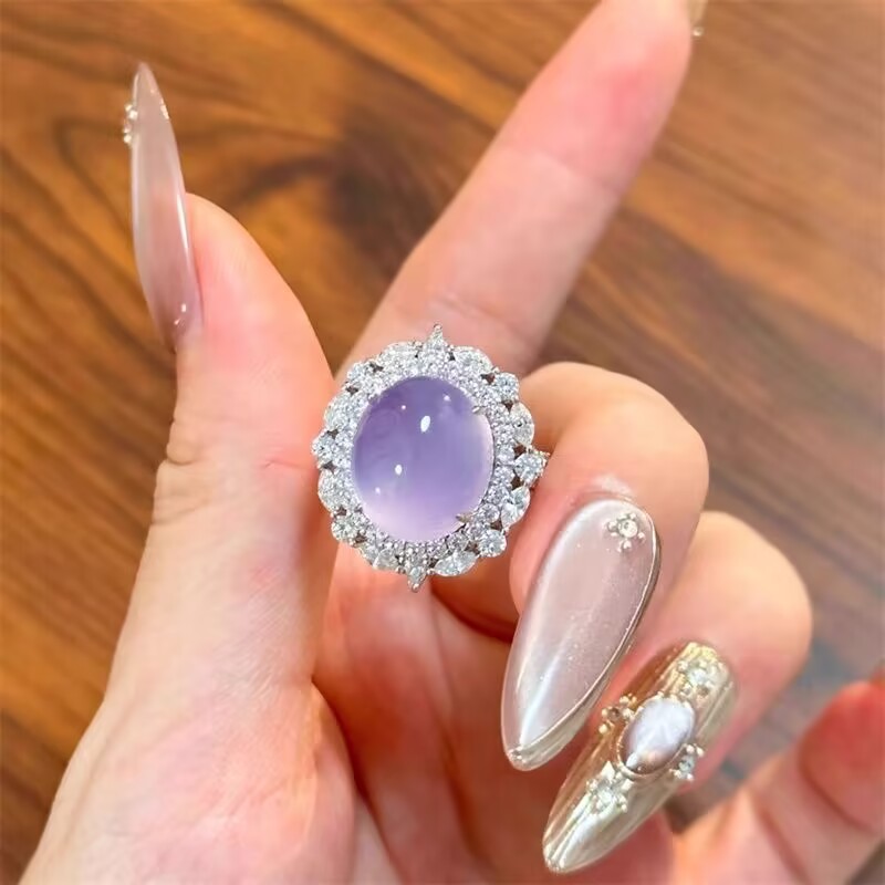 Wholesale Silver Plated Inlaid Luxury Ice Green Chalcedony New Chinese Ring Powder Agate Open Ring Women Live Supply