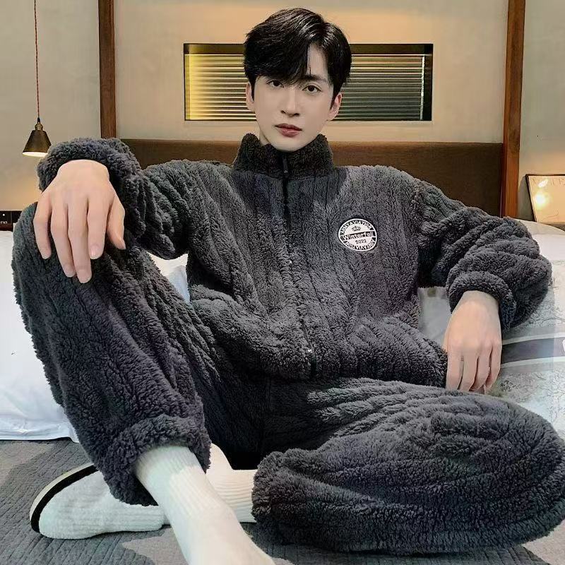 Men's Long Pants Loungewear Pajamas Coral Fleece Fashion Warm Flannel Autumn and Winter Style Young Men's Loungewear