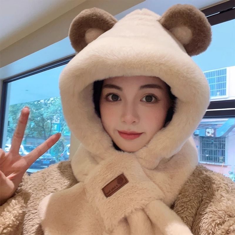 Little Bear Hat Children's Winter Warm Scarf One-piece Hooded Cycling Cold-proof Ear Protectors Cute Plush Scarf Cap