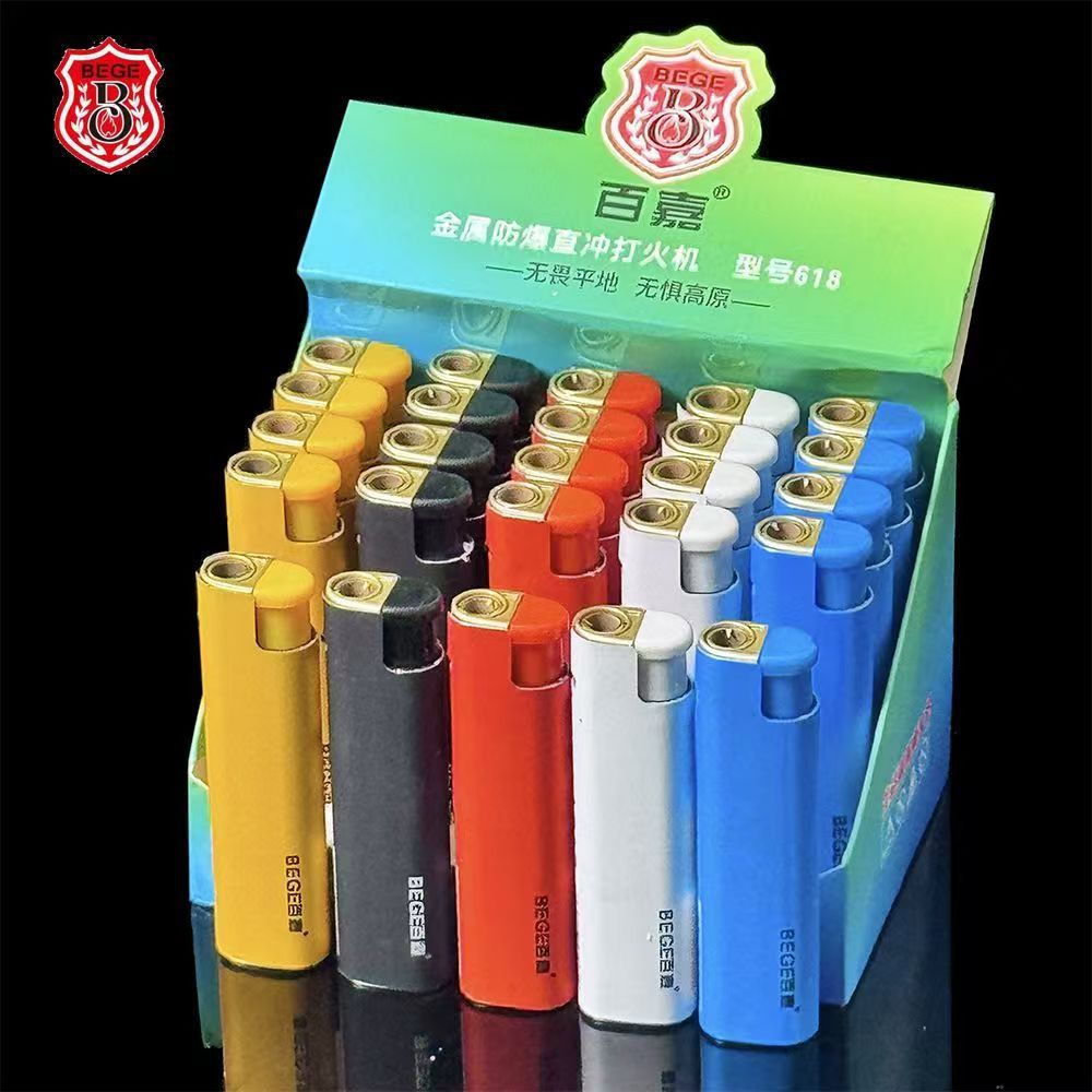 Baijia 618 New Model 25 Straight-Through Car Logo Windproof Lighter Durable Anti-Fall Inflatable Convenience Store Wholesale