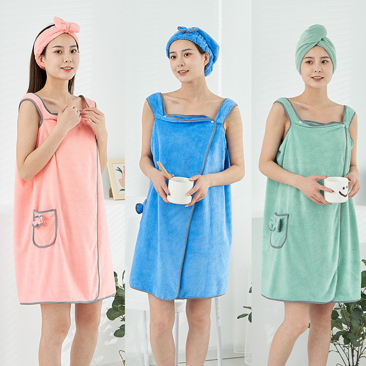 Manufacturer Wholesale Coral Velvet Bath Towel Adult Suspender Bath Skirt Headband Dry Hair Cap Shower Cap Towel Set Super Soft