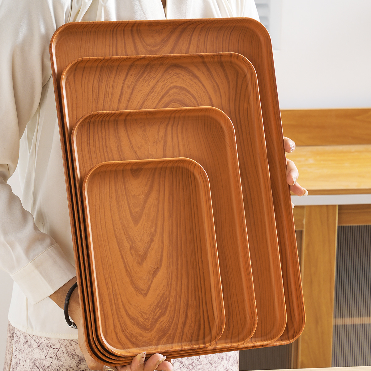 Cross-border Imitation Wood Grain PP Tray Chinese Tea Tray Coffee Table Desktop Fruit Plate Water Cup Snack Dinner Storage Plate