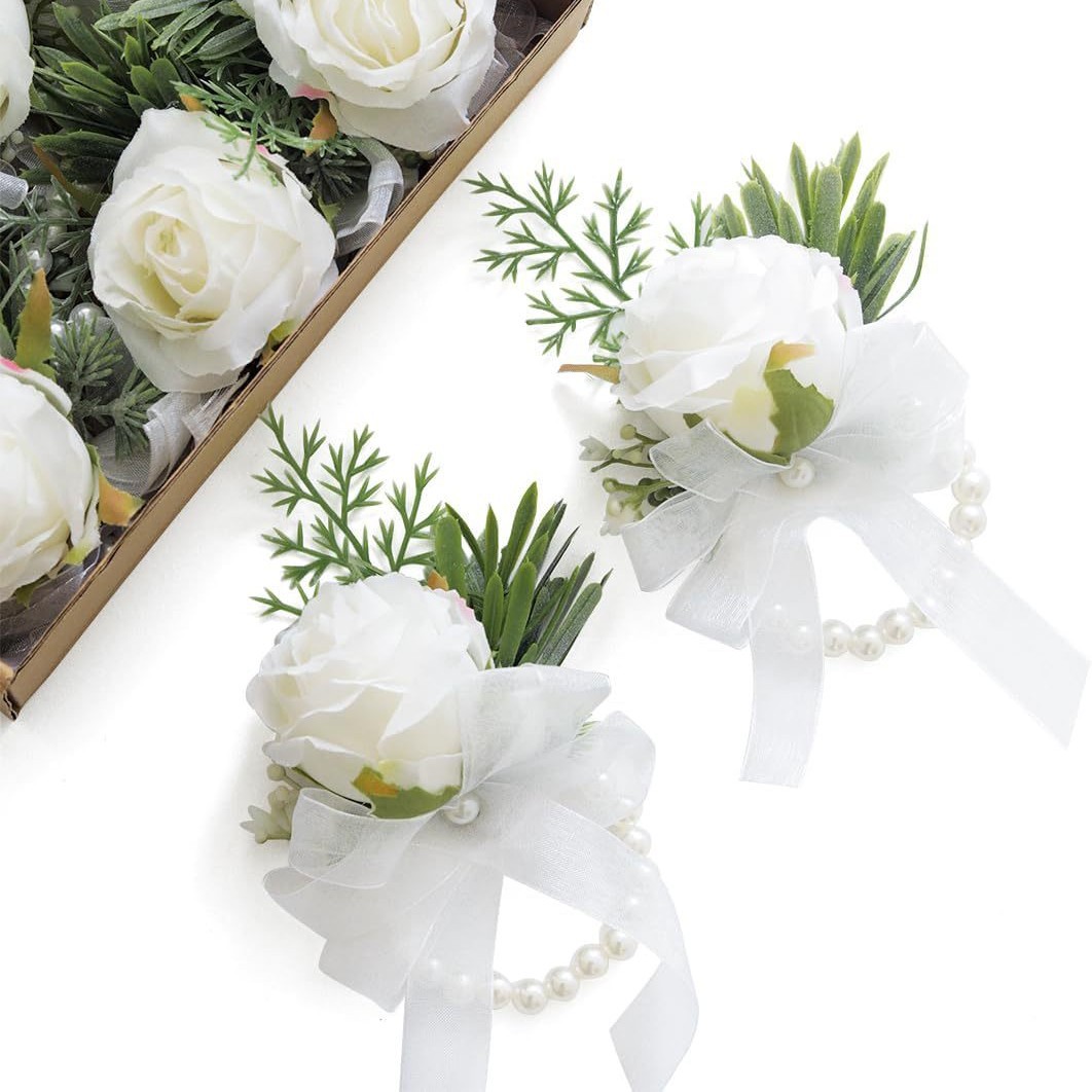 Cross-Border Hot Selling Ivory Rose Wrist Men's Corsage Wristband Bracelet Set White Wedding Flower Accessories Decoration