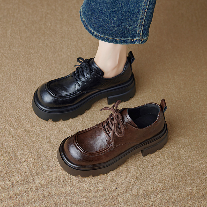 British Style Retro High-Heeled Leather Shoes for Women 2025 Autumn New Style Height-Increasing Lace-Up Thick-Soled Loafers for Petite Women