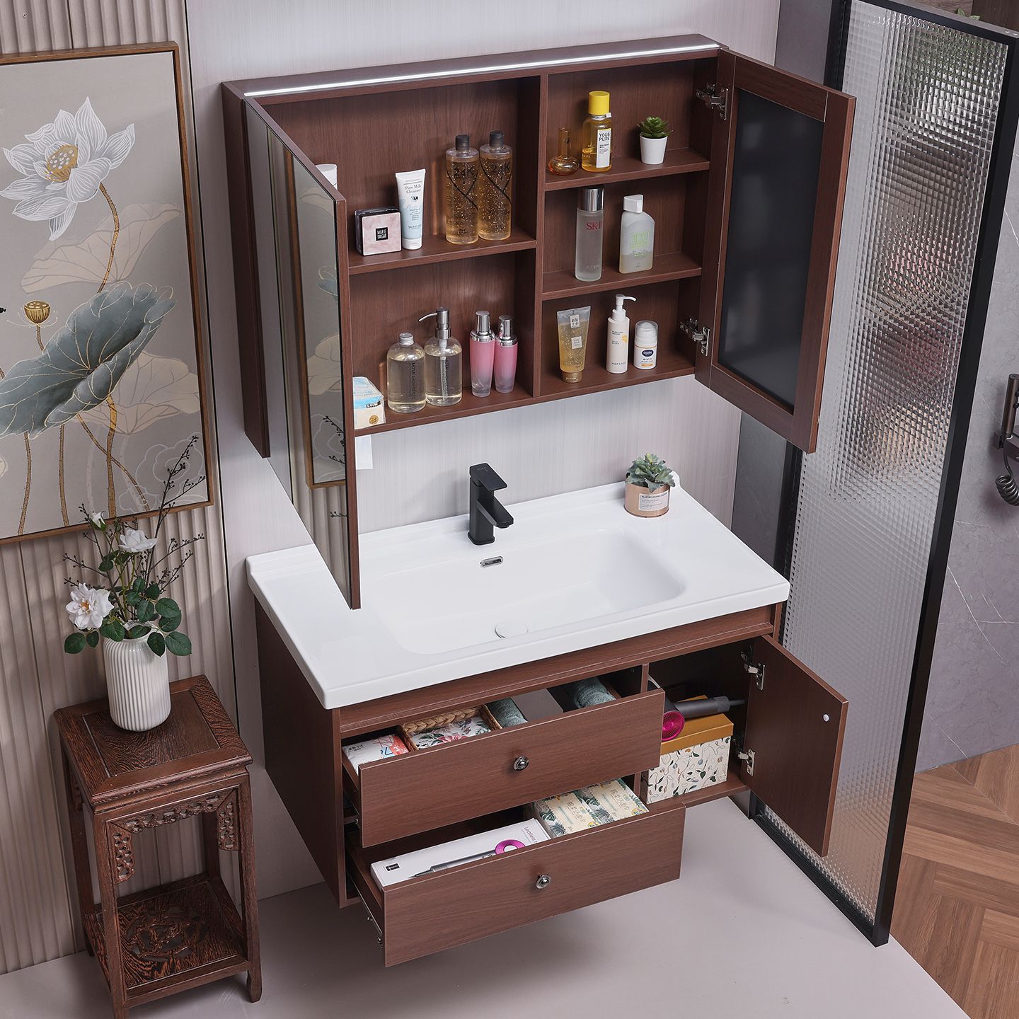 Walnut Color Antique Solid Wood Bathroom Cabinet Ceramic Integrated Bathroom Wash Basin Chinese Wash Combination Wash Basin