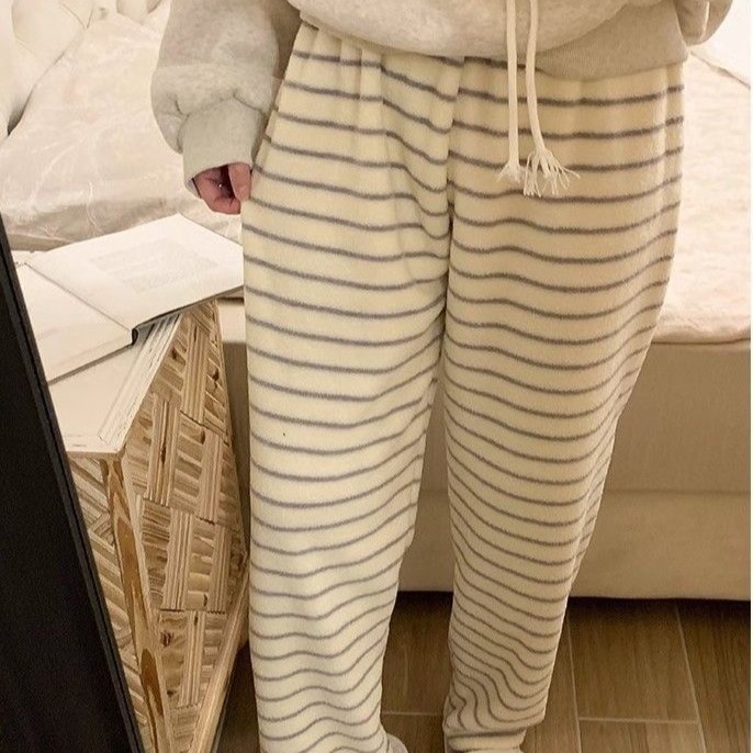 Korean-Style Striped Long Pants, Half-Velvet Flannel Home Pants, Thickened Warm Straight-Leg Casual Pants for Outdoor Wear