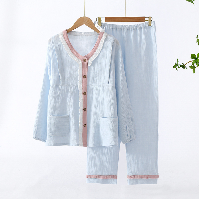 Pure Cotton Double-layer Crepe Moon Suit Postpartum Spring and Summer Sweat-absorbent Breathable Sweet Solid Color Gauze Maternal Nursing Home Suit
