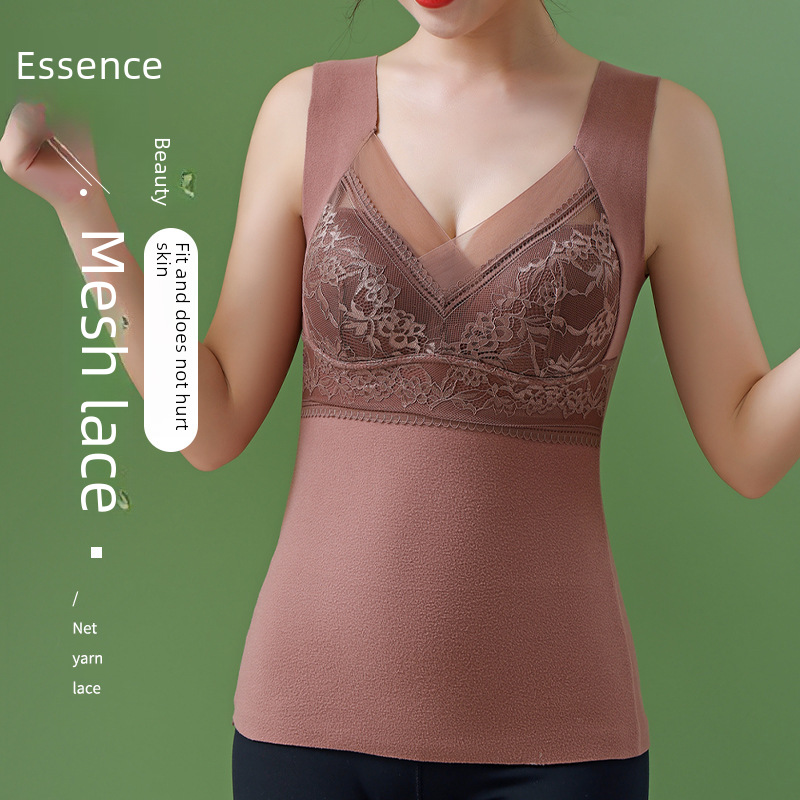 Autumn and winter double-sided sanding lace velvet thermal vest women's fixed Cup base thickened heat seamless thermal underwear