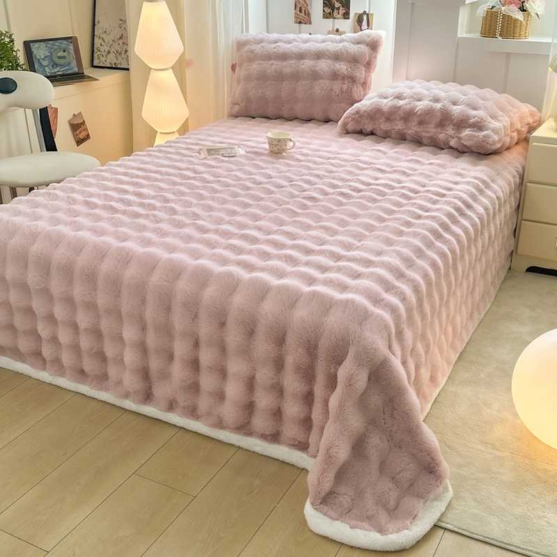 Nantong Home Textile Bed 2025 New Thickened Solid Color Rabbit Fur Plush Bubble Single Bed Sheet Group Buying Wholesale