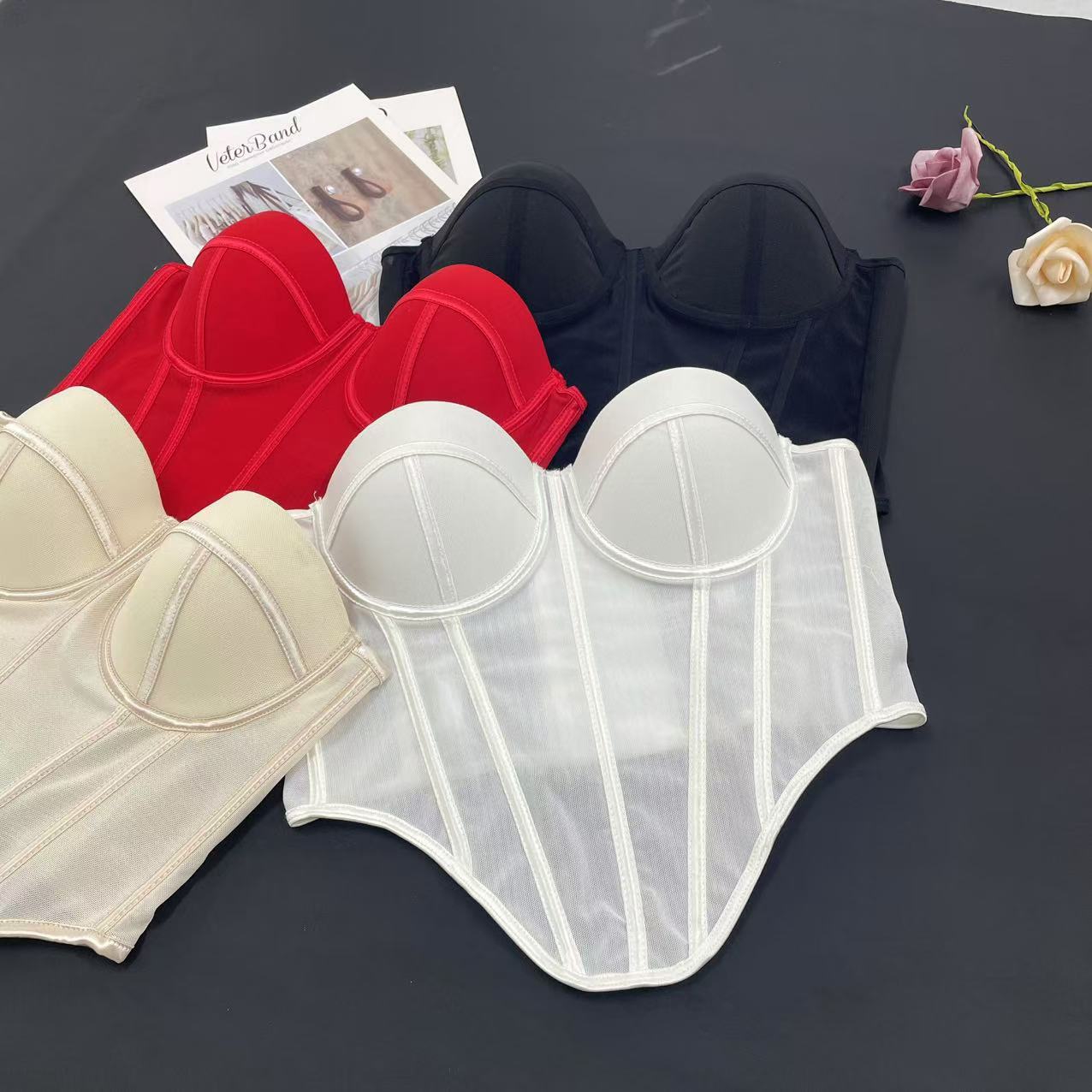 French-Style Irregular Shapewear Bra with Straps, Mesh Lace Outerwear, Fishbone Corset, Can Be Worn with Breast Pads, and Is Tight-Fitting