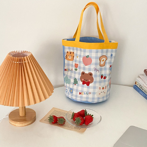 Cute Graffiti Bucket Bag Ins Printed Cylinder Bag Canvas Lunch Bag Han Feng Girl Hand Lunch Box Mummy Bag