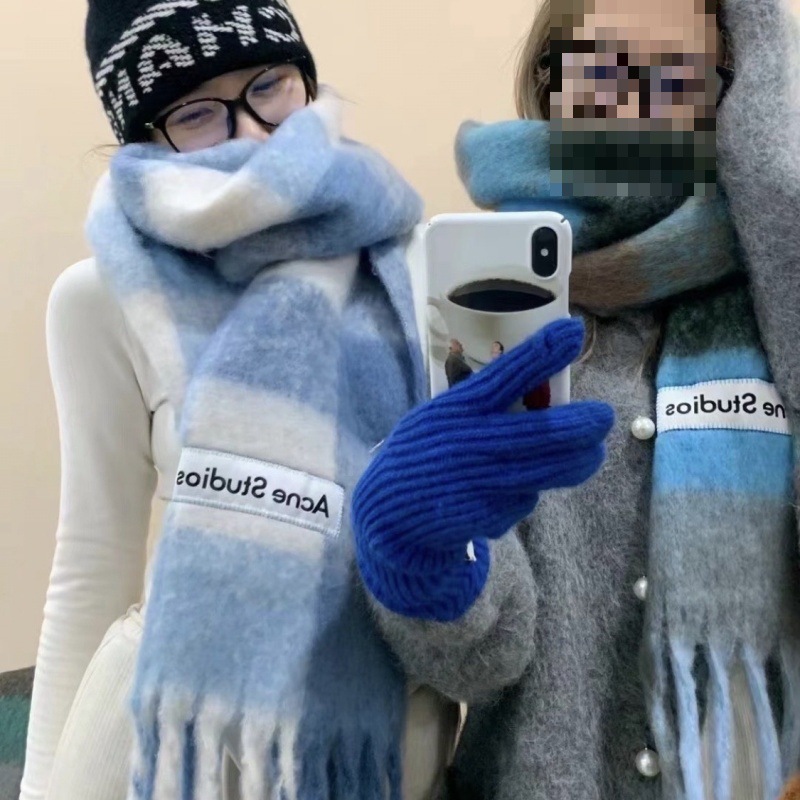 Autumn and Winter New Thickened Warm Rainbow-Colored Plaid Scarf European and American Loop Yarn Thick Tassel Color-Blocking Shawl