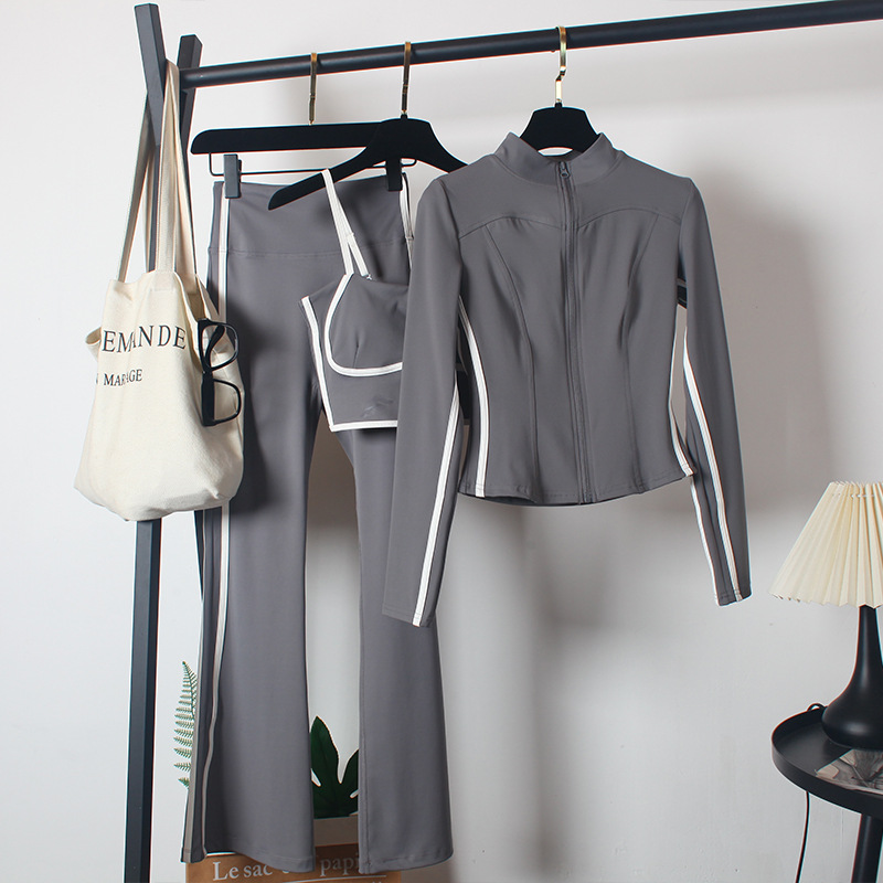 Yoga Clothing Sports Suit for Women, Spring Style, High-Waisted Flared Pants, Slimming, Dance, Morning Running, Tight-Fitting, Zippered Three-Piece Set