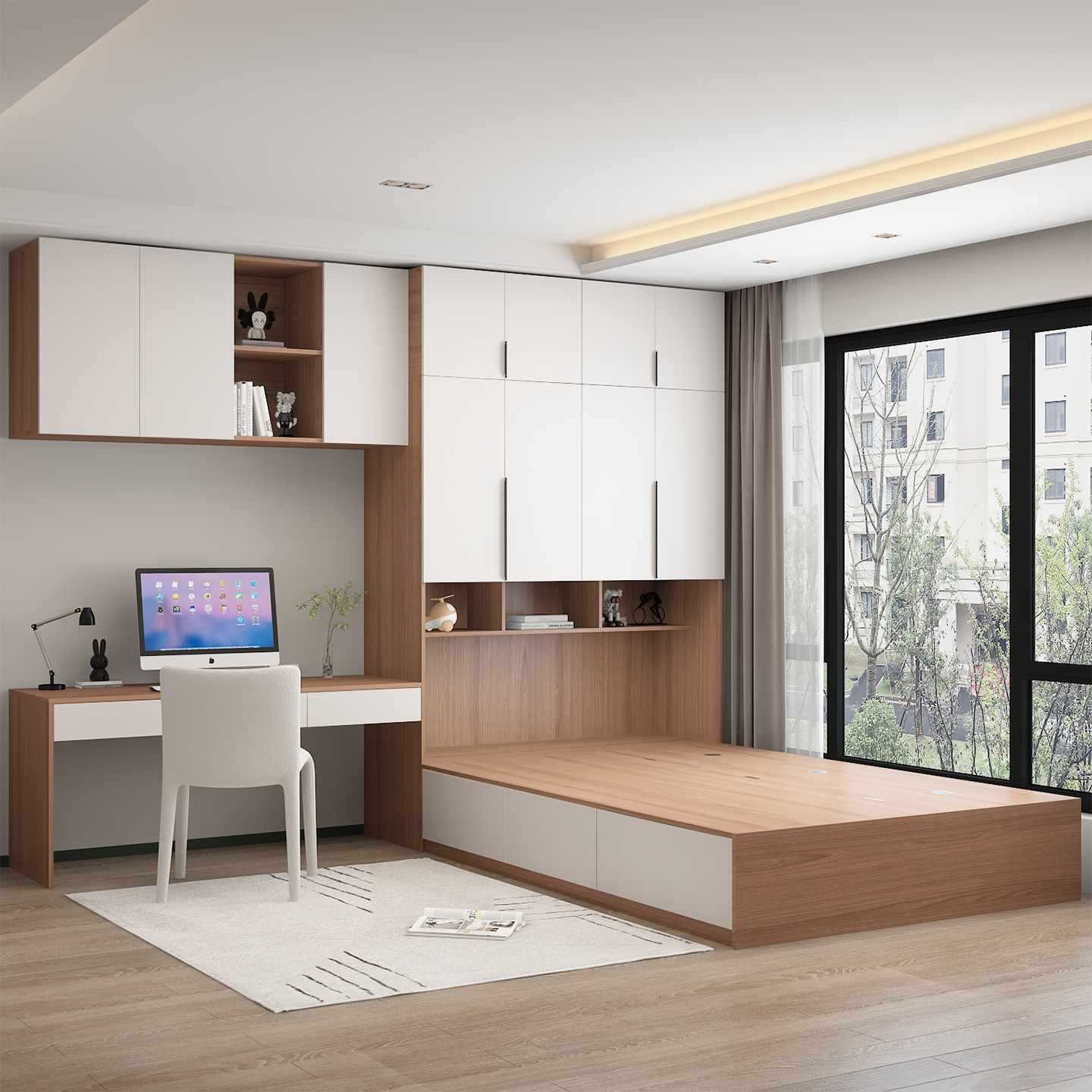 ✅ Wardrobe Bed with Desk Integrated Bed Small Apartment Bedroom Tatami Storage Combination Bed with Desk Vertical Cabinet Bed Set