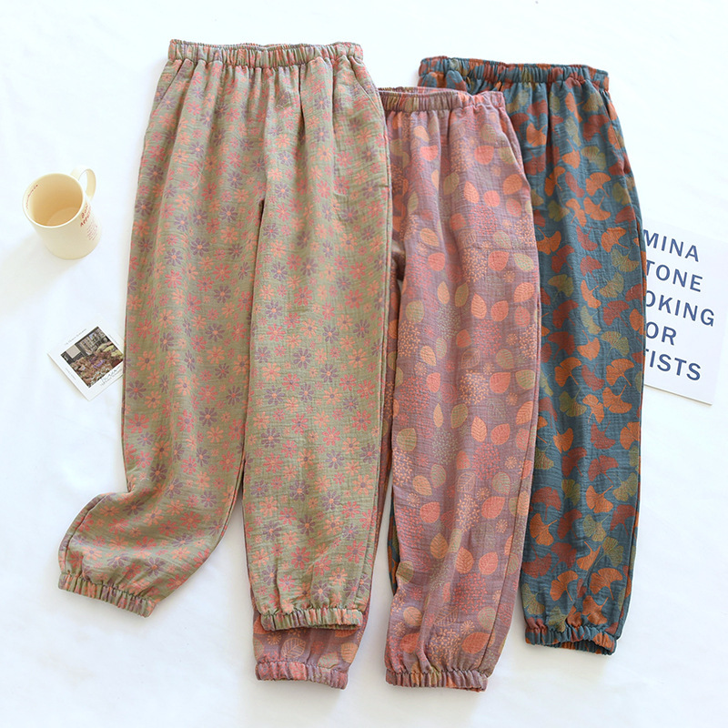 Vintage Yarn-dyed Jacquard Women's Pajama Pants Spring Summer Autumn Cotton Gauze Thin Household Pants Confining Loose Casual Trousers