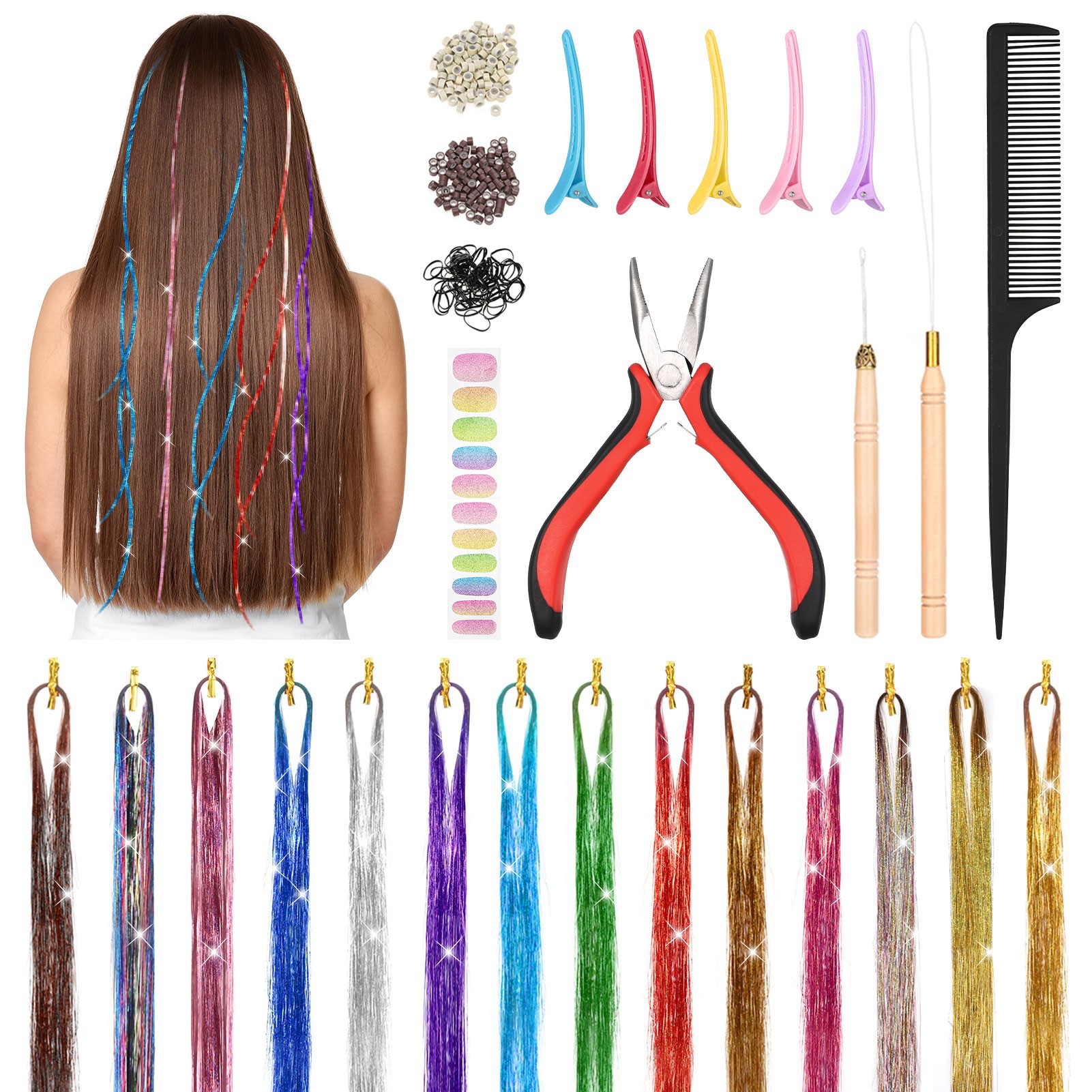 Factory Spot Laser Wire Hair Braiding Tool Set Colorful Traceless Gold Wire Clamphair Hair Extensions Three-Piece Set