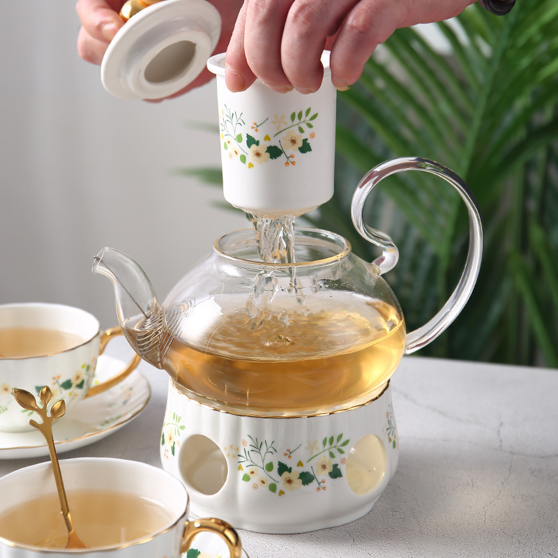 British Afternoon Tea Scented Tea Tea Set Nordic Light Luxury Flower Teapot Candle Boiling Fruit Glass Teapot Ceramic Bubble