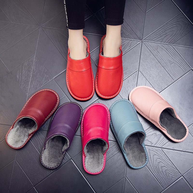 Haining leather warm home leather cotton slippers autumn and winter men and women indoor anti-slip waterproof on the thick bottom
